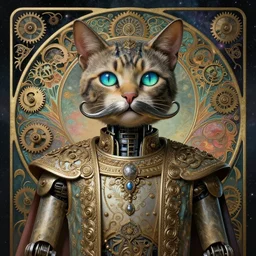 retro cat robot, large metal mustache, animal bot, muted colors, nebula background, glowing blue green eyes, detailed realistic surreal retrowave robot in full regal attire. star wars, face portrait. art nouveau, symbolist, visionary, baroque, giant fractal details. horizontal symmetry by zdzisław beksinski, gears, alphonse mucha. highly detailed, hyper - real,