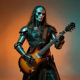 portrait of a medieval cyborg dj with a guitar at a rave, by caravaggio, teal orange, studio light, cinematic light