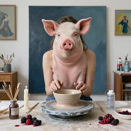 “ a portrait in a female art student ’ s apartment, sensual, a pig theme, pork, pottery supplies, pottery work in progress, a candle dripping white wax, pottery glaze, squashed berries, berry juice drips, acrylic and spray paint and oilstick on canvas, surrealism, neoexpressionism ”