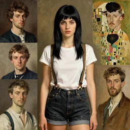 a woman with black hair and long pixie haircut in shorts with suspenders and white t-shirt drawn by frederic leighton, gustave caillebotte, Alexandre Cabanel, dominique ingres, maler collier, peter paul rubens, amedeo modigliani, gustav klimt 4k, unreal 5, DAZ, french noveau, trending on artstation, octane render, hyperrealistic