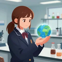 a laboratory, ( ( ( ( ( katniss everdeen ) ) ) ) ) as a student, wearing a school uniform, is holding a tiny planet earth, illustration, artstation
