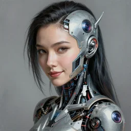 portrait painting of a female japanese cyberpunk android, beautiful, smirk, ultra high detail, intricate detail, alien production design, unreal render, cinematic lighting, art 1 9 2 0 period drama by bussiere rutkowski andreas rocha