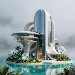 highly detailed futuristic architecture by frank lloyd wright, reflective lighting, holographic spheres, stylized vegetation, puddles of turquoise water, foggy atmosphere, stunning sunny lighting, sunrise, vivid colors, in the style of pixar animation, trending on artstation, 8 k, matte painting, ray tracing, hyper detailed, unreal engine 5, cinematic, epic lighting, cryengine, octane render, cyberpunk, red and orange glow, vibrant