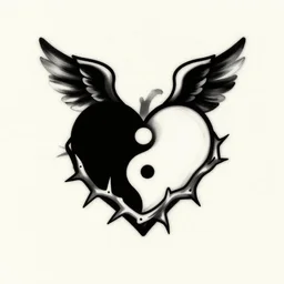 tattoo design, thorny heart yin-yang winged, simple design, clean lines