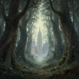 an old elven wood, a view to an eerie fantasy world, portal to new york city in the center, ethereal back light, mist, coherent composition, detailed fantasy painting by yuumei
