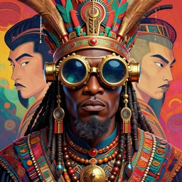 colourful vfx upper half - portrait - art of a african tribal chief wearing steam punk goggles, art by utagawa kunisada & james jean, symmetrical, intricate detail, concept art, volumetric light, ray tracing, caricature, digital illustration, octane 3 d render, unreal engine, sharp, pinterest, behance, art station,