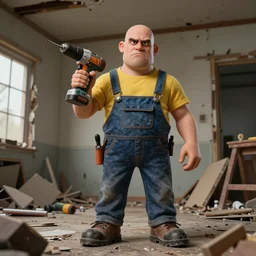 grumpy chunky bald handyman with electric drill! hand, in a wrecked home, full body, hyperrealistic digital art masterpiece, highly detailed neo pop surrealism, jason limon kay sage hannah yata, dramatic lighting, low angle, uhd 8 k, sharp focus