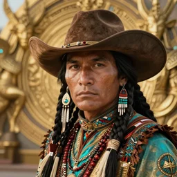 pfp close up portrait gunslingers cyberpunk native american in tribal regalia, an idea seep's into infinity highly detailed in volumetric latent space, golden turquoise, cinematic light, sharp focus, divine realm of gods, octane render,