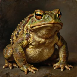 subject:  muscular barbarian toad portrait, style:  very detailed heavy textured rembrandt oil painting with dramatic light , very sharp detail