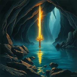 glowing magic sword in a cave with a lake, dark colors. highly detailed, digital painting, watercolor, soviet realism, engraving, artstation, concept art, smooth, sharp focus, vivid grunge, manga, illustration, unreal engine 5, 8 k, art by bilibin and kilian eng and kuvshinov and malevich and mucha