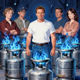 normal hank hill wearing bluejeans and white tshirt, the god of propane, blue flames, propane tanks, magic realism, art by josephine wall, art by mike judge, art by huang guangjian, art by viktoria gavrilenko, art by amanda sage, trending on artstation