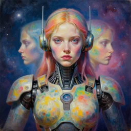 holy young female combat robot, award winning, portrait bust, symmetry, faded lsd colors, galaxy background, tim hildebrandt, wayne barlowe, bruce pennington, donato giancola, larry elmore, masterpiece, trending on artstation, cinematic composition, beautiful lighting, hyper detailed!!!, 8 k, oil on canvas