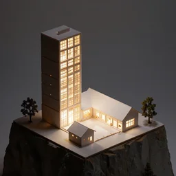 architectural model, isometric view, studio lighting, low contrast, brightly lit studio, highly detailed, tall stacked boxes, large windows, courtyard, gabled roof, square house, on a cliff, tree
