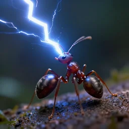 a close up shot of an ant struck by bioluminecent lightning, 88mm, octane render, cinematic lightning, artstation, hyperrealistic, extremely detailed, 8k render