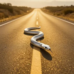a silver snake in the middle of a golden road