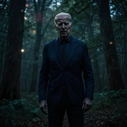 joe biden as slenderman in forest, creepy joe biden, tall trees, night, creepy, horror, movie still, cinematic lighting, ray tracing, octane render, long lens, shallow depth of field, bokeh, anamorphic lens flare, 8 k, hyper detailed, 3 5 mm film grain