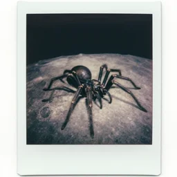 a eerie haunting alien spider creature on the moon surface, scary nightmare, polaroid, vintage photo, grainy, damaged, faded, very detailed realistic, 5 0 mm, dslr, hd, 8 k, hasselblad film bokeh, soft light photographed on expired color film