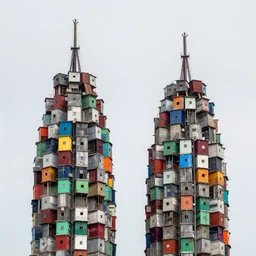 two towers, made up of colourful makeshift squatter shacks, hasselblad x 1 d, uniform plain sky at the back, fully frontal view, very detailed, ultra sharp, photographed by jeanette hagglund and ansel adams