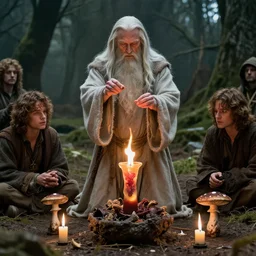 gandalf doing a shamanic ritual with frodo in the movie lord of the rings, ayahuasca, dmt, magic mushroom
