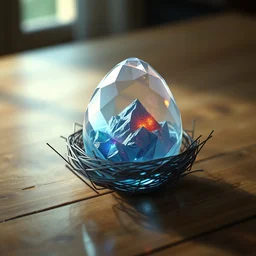 low poly crystal gem as egg with computer universe inside, in a nest on the wooden table, transparent, with light glares, reflections, photo realistic, photography, photorealism, ultra realistic, intricate, detail, rim light, depth of field, unreal engine, dslr, rtx, colorfull, digital fantasy art, magic the gathering, hearthstone, octane, maya 8 k
