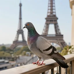 pigeon sitting on paris balcony with eiffel tower in the background, missing a toe on one foot, high detail, realistic, photorealistic, 4 k, accurate anatomy