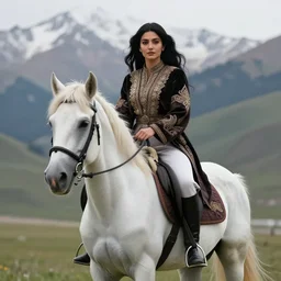 full body shot of a beautiful young kurdish woman with beautiful black hair riding a beautiful white horse in the kurdish mountains art by martin ansin, highly detailed, 8 k, high resolution, award winning art, incredibly intricate, beautiful and symmetrical face