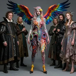 a fashion editorial of sadie sink with hooves as a brightly colored eagle amphibian hybrid super hero witch with wet translucent mutated scaled skin. wearing a infected organic dress. by tom bagshaw, donato giancola, hans holbein, walton ford, gaston bussiere, peter mohrbacher, brian froud and iris van herpen. 8 k, cgsociety