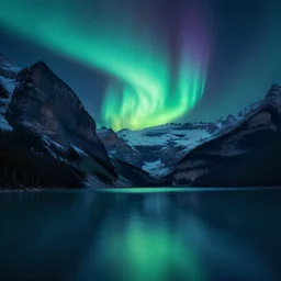 a matte painting of Lake Louise, moonlight, northern lights, highly detailed, artstation