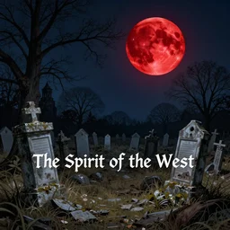 the spirit of the west, ruined graveyard, nightime, highly detailed, artwork by dan mumford, blood red moon