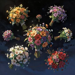 An epic fantastic realism comic book style painting of the most beautiful spinning flowers launched across the dark and starry night sky, floating bouquets, fisheye, unreal 5, DAZ, hyperrealistic, octane render, dynamic lighting