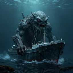 monster shape like a ship in the deep dark sea, thalassophobia, realistic, highly detailed