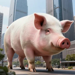 award - winning hyperdetailed photograph of an abnormally sized ginormous giant massive scaled up pig the size of a building walking across a city, megalophobia, 4 k, 8 k, high quality
