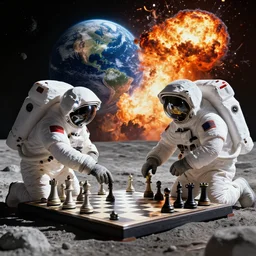 astronauts playing chess on the moon while earth explodes in the background, high detail, stylized, movie poster