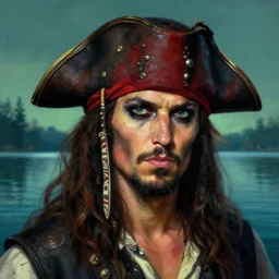 pirate closeup portrait, dramatic light, lake background, 2 0 0 mm focal length, painted by stanley lau, painted by greg rutkowski, painted by stanley artgerm, digital art, trending on artstation