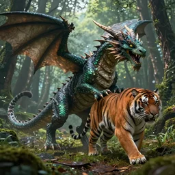 a dragon and a tiger hybrid in the forest, dynamic lighting, photorealistic concept art, stunning visuals, creative, cinematic, ultra detailed, best detail