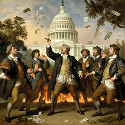 a group of politicians partying in washington dc, the city is burning the politicians are throwing money everywhere some smoking cigars, in the style of bruegel