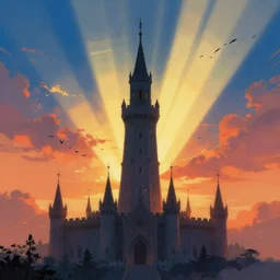 a beautiful fantasy landscape, medieval tower, majestic, god rays, silhouette of a flock of birds in the sky, vivid colors, extremely detailed digital painting, in the style of fenghua zhong and ruan jia and jeremy lipking and peter mohrbacher, mystical colors, rim light, beautiful lighting, 8 k, stunning scene, raytracing, octane, trending on artstation