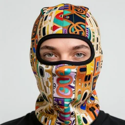 a close up of beautiful wearing a balaclava surrounded by colourful intricate patterns, by gustave klimt edgar maxence and caravaggio and michael whelan, intricate painting, hyper realistic, extremely detailed and beautiful aesthetic face, 8 k resolution