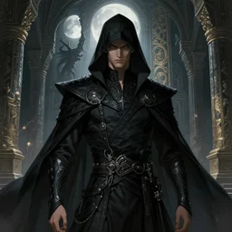 portrait of male assassin, black clothes, in the temple of hell, moon light, sci - fi and fantasy, intricate and very very beautiful and elegant, highly detailed, digital painting, artstation, concept art, smooth and sharp focus, illustration, art by tian zi and wlop and alphonse mucha