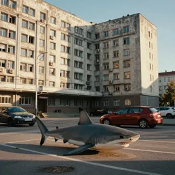 photograph of a shark in brutalist soviet office building parking lot in sunshine kodachrome style of simon stahlenhag