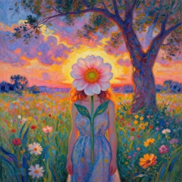 girl with huge flower as a face, standing in a flower field, big trees, sunrise dramatic light, impressionist painting, colorful clouds, digital painting, pointillism, artstation, simon stalenhag