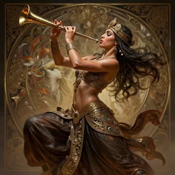dancer, arabian, passionate , seductive, playing an instrument, sweaty, intricate fashion clothing, insane, intricate, highly detailed, digital painting, artstation, concept art, smooth, sharp focus, illustration, Unreal Engine 5, 8K, art by artgerm and greg rutkowski and alphonse mucha