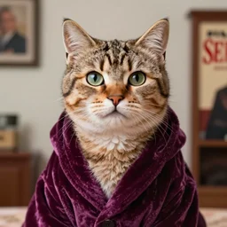 “ george costanza from seinfeld with the body of a cat, wearing velvet robe, very realistic, very detailed ”