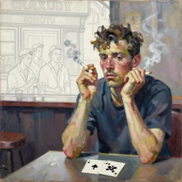 oil painting in the style of john craxton sailors in the shadows of a pub. line drawing on painting. playing cards. aesthetics to ivon hitchins. brush marks. strong lighting. holding cigerettes. smokey bar. seated figure hands on table. strong expressions on faces. cheekbones. single flower.,