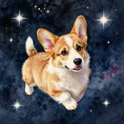 watercolor painting of a corgi puppy floating in outer space, stars, sparkling, beautiful, cosmic, intense