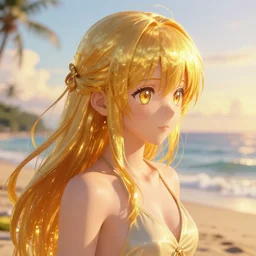 Anime Beach, Golden Hour, glossy intricate design, digital art, smooth vibrancy, high detail texture, lighting, 8k, unreal engine 5 rendered, marmoset toolbag rendered, octane rendered, trending in ArtStation, Art Style by Popularity_Choi and Ian Sprigger