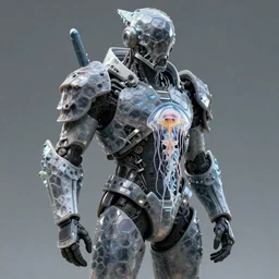 a futuristic soldier with jellyfish and sharkskin armor plating in staggered layers, full body, translucent hexagons, sci - fi, highly detailed, cinematic, trending on artstation, concept art, sharp focus, illustration, art by artgerm and greg rutkowski and daytoner and tom bagshaw