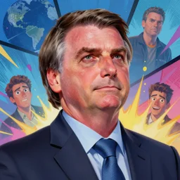 low angle portrait of the president Bolsonaro, tepainting concept Blizzard pixar maya engine on stylized background splash comics global illumination lighting artstation lois van baarle, ilya kuvshinov, rossdraws