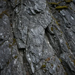 a craggy mountainous slate rock cliff face, partially covered in moss, photorealistic, straight on closeup view