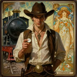 a dramatic ethereal epic symmetrical painting of a handsome villainous cowboy | background is a train locomotive | his shirt is unbuttoned and he has a pocketwatch | tarot card, art deco, art nouveau, ( steampunk ), homoerotic, realistic | by louis comfort tiffany and alphonse mucha | trending on artstation